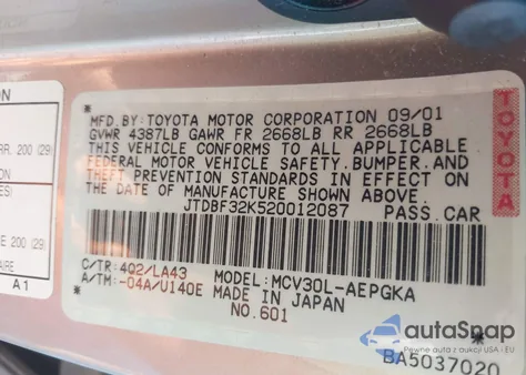 2002 Toyota Camry Xle V6 из США, поврежденный, VIN JTDBF32K520012087